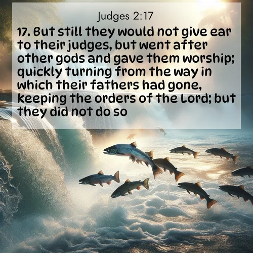 BasicEnglish Judges  ; image nature: image with the bible verse :But still they would not give ear to their judges, but went after other gods and gave them worship; quickly turning from the way in which their fathers had gone, keeping the orders of the Lord; but they did not do so. ; Access a vast collection of Bible verse images illustrated with natural landscapes like calm rivers, blooming fields, and bright horizons. These images emphasize the serenity and splendor of God&#039;s creation, accompanied by aesthetic fonts and joyful colors. Download verses like KJV Judges 2:17 and share them. Current verse is overlayed with the thematic nature scene : Wild salmon leap ancient waterfalls. Mist rises like spirits in morning light. ; 2:17