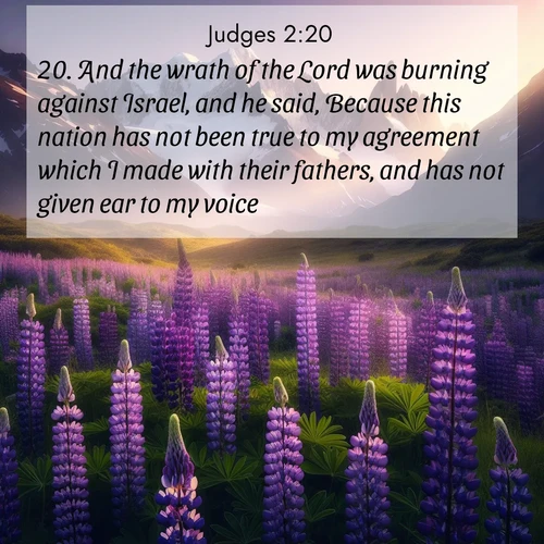 BasicEnglish Judges  ; image nature: image with the bible verse :And the wrath of the Lord was burning against Israel, and he said, Because this nation has not been true to my agreement which I made with their fathers, and has not given ear to my voice; ; Explore a rich collection of Bible verse images beautifully illustrated by natural landscapes, such as colorful skies, towering mountains, and tranquil rivers. The images highlight the serenity of God&#039;s creation with vivid tones and carefully chosen typography. Download and share inspiring verses like KJV Judges 2:20. Current verse is overlayed with the thematic nature scene : Wild lupines paint mountain meadows purple. Snow lingers on distant peaks. ; 2:20