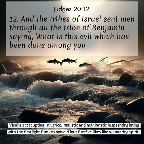 BasicEnglish Judges  ; image nature: image with the bible verse :And the tribes of Israel sent men through all the tribe of Benjamin saying, What is this evil which has been done among you? ; Discover Bible images adorned with spring landscapes, like tulip fields, cherry blossoms, and green hills. These bright scenes symbolize God&#039;s renewal and grace. Download verses like KJV Judges 20:12. Current verse is overlayed with the thematic nature scene : Wild salmon leap ancient rapids. Mist rises like spirits at dawn. ; 20:12