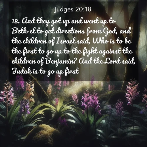 BasicEnglish Judges  ; image nature: image with the bible verse :And they got up and went up to Beth-el to get directions from God, and the children of Israel said, Who is to be the first to go up to the fight against the children of Benjamin? And the Lord said, Judah is to go up first. ; Discover Bible images capturing the essence of autumn, with wooded paths, golden fields, and swirling leaves. These scenes reflect the changing beauty of God&#039;s creation. Download verses like KJV Judges 20:18. Current verse is overlayed with the thematic nature scene : Wild orchids bloom in forest shade. Filtered light reveals their grace. ; 20:18