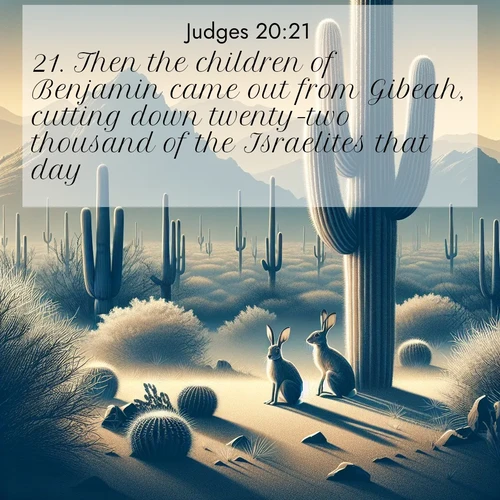 BasicEnglish Judges  ; image nature: image with the bible verse :Then the children of Benjamin came out from Gibeah, cutting down twenty-two thousand of the Israelites that day. ; Explore an inspiring selection of Bible verse images adorned with nature photos, such as starry skies, verdant hills, and golden beaches. Each image reflects the peace and beauty of God&#039;s creation with vibrant colors and varied fonts. Share uplifting verses like KJV Judges 20:21. Current verse is overlayed with the thematic nature scene : Desert jackrabbits pause in saguaro shade. Heat waves distort distant peaks. ; 20:21