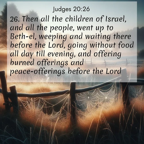 BasicEnglish Judges  ; image nature: image with the bible verse :Then all the children of Israel, and all the people, went up to Beth-el, weeping and waiting there before the Lord, going without food all day till evening, and offering burned offerings and peace-offerings before the Lord. ; Explore a collection of Bible verses paired with springtime scenes, featuring blooming flowers, lush meadows, and trees in full bloom. These images symbolize divine renewal and hope. Download inspiring verses like KJV Judges 20:26. Current verse is overlayed with the thematic nature scene : Morning frost coats spider webs stretched between fence posts in a country meadow. ; 20:26