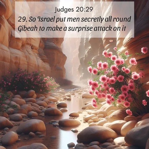 BasicEnglish Judges  ; image nature: image with the bible verse :So Israel put men secretly all round Gibeah to make a surprise attack on it. ; Explore winter-themed Bible verse images illustrated by snowy mountains, frost-covered branches, and clear skies. These landscapes reflect divine purity and peace. Download verses like KJV Judges 20:29. Current verse is overlayed with the thematic nature scene : Desert roses bloom in a hidden canyon after rare rainfall. Their pink petals contrast against weathered sandstone walls. ; 20:29