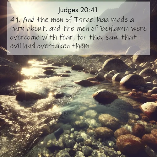 BasicEnglish Judges  ; image nature: image with the bible verse :And the men of Israel had made a turn about, and the men of Benjamin were overcome with fear, for they saw that evil had overtaken them. ; Admire our gallery of Bible verse images paired with serene nature photography, featuring starlit skies, golden sands, and blooming wildflowers. Download and share verses like KJV Judges 20:41. Current verse is overlayed with the thematic nature scene : Mountain streams sing ancient songs. Sunlight dances through clear pools. ; 20:41