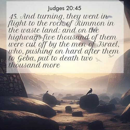BasicEnglish Judges  ; image nature: image with the bible verse :And turning, they went in flight to the rock of Rimmon in the waste land: and on the highways five thousand of them were cut off by the men of Israel, who, pushing on hard after them to Geba, put to death two thousand more. ; Browse a large collection of Bible verse images with photos showcasing the splendor of nature. Scenes of peaceful rivers, verdant valleys, and radiant skies enhance the inspiring verses. Each image reflects the serenity and joy of God&#039;s creation, with elegant text fonts. Download and share verses such as KJV Judges 20:45. Current verse is overlayed with the thematic nature scene : Desert petroglyphs tell ancient stories. Ravens soar past wearing shadows for wings. ; 20:45