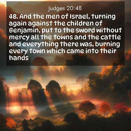 BasicEnglish Judges  ; image nature: image with the bible verse :And the men of Israel, turning again against the children of Benjamin, put to the sword without mercy all the towns and the cattle and everything there was, burning every town which came into their hands. ; Discover breathtaking Bible verse images combined with vibrant landscapes like rolling hills, blooming gardens, and starry nights. Use them as wallpapers or to inspire others. Download verses like KJV Judges 20:48. Current verse is overlayed with the thematic nature scene : Autumn mist rises from warming morning valleys. ; 20:48
