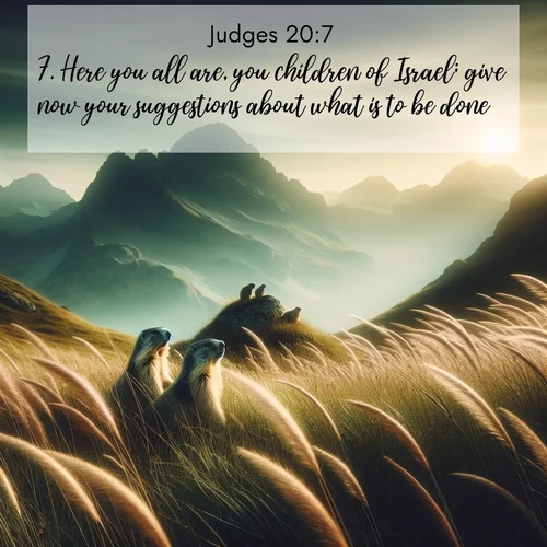 BasicEnglish Judges  ; image nature: image with the bible verse :Here you all are, you children of Israel; give now your suggestions about what is to be done. ; Browse high-resolution Bible verse images featuring stunning nature photography, such as radiant sunsets, tranquil rivers, and blooming fields. Perfect for wallpapers or sharing on social media. Download KJV Judges 20:7. Current verse is overlayed with the thematic nature scene : Mountain meadow grasses bend in wind. Marmots whistle from rocky outcrops. ; 20:7