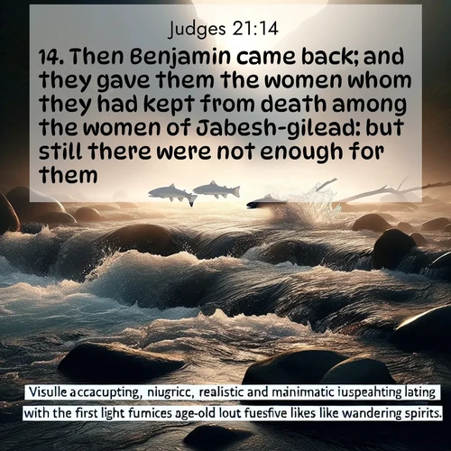 BasicEnglish Judges  ; image nature: image with the bible verse :Then Benjamin came back; and they gave them the women whom they had kept from death among the women of Jabesh-gilead: but still there were not enough for them. ; Download inspiring Bible verse images featuring stunning natural vistas, from tropical islands to rolling hills. These free images make perfect wallpapers or gifts. Share verses like KJV Judges 21:14. Current verse is overlayed with the thematic nature scene : Wild salmon leap ancient rapids. Mist rises like spirits at dawn. ; 21:14