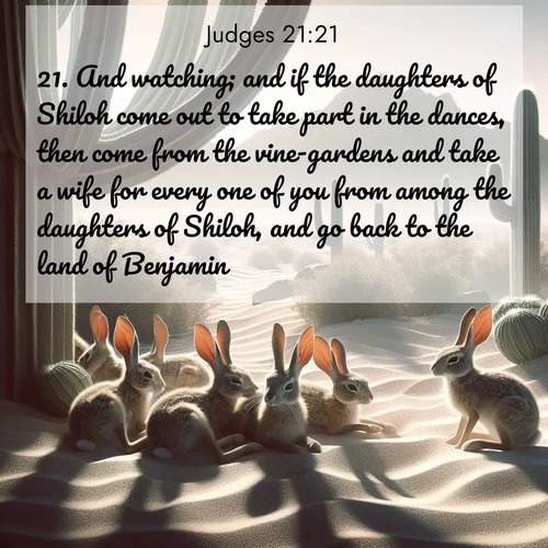 BasicEnglish Judges  ; image nature: image with the bible verse :And watching; and if the daughters of Shiloh come out to take part in the dances, then come from the vine-gardens and take a wife for every one of you from among the daughters of Shiloh, and go back to the land of Benjamin. ; Discover Bible images adorned with spring landscapes, like tulip fields, cherry blossoms, and green hills. These bright scenes symbolize God&#039;s renewal and grace. Download verses like KJV Judges 21:21. Current verse is overlayed with the thematic nature scene : Desert jackrabbits rest in cactus shade. Heat waves distort distant peaks. ; 21:21