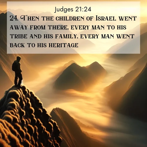 BasicEnglish Judges  ; image nature: image with the bible verse :Then the children of Israel went away from there, every man to his tribe and his family, every man went back to his heritage. ; Explore winter-themed Bible verse images illustrated by snowy mountains, frost-covered branches, and clear skies. These landscapes reflect divine purity and peace. Download verses like KJV Judges 21:24. Current verse is overlayed with the thematic nature scene : A solitary climber watches sunrise from a knife-edge ridge. Golden light spills into valleys of morning mist. ; 21:24