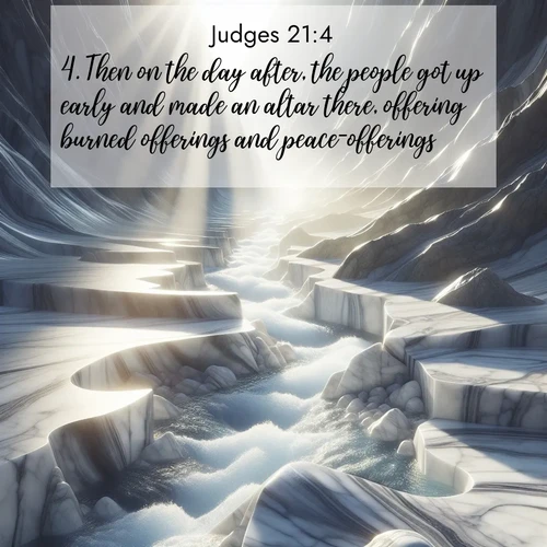 BasicEnglish Judges  ; image nature: image with the bible verse :Then on the day after, the people got up early and made an altar there, offering burned offerings and peace-offerings. ; Browse a vast collection of Bible verse images featuring awe-inspiring landscapes such as calm lakes, vibrant sunsets, and peaceful fields. Download them for free and enjoy verses like KJV Judges 21:4. Current verse is overlayed with the thematic nature scene : Mountain streams carve marble smooth. Sunlight dances on clear pools. ; 21:4