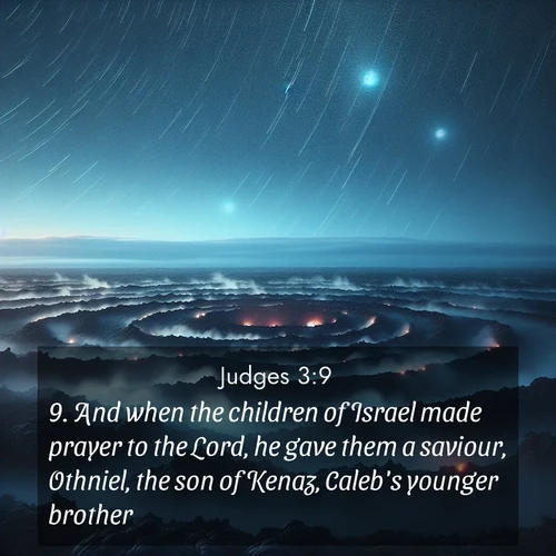 BBE Judges 3:9 overlaying nature image scene: Volcanic steam rises through a field of black lava. Stars wheel overhead in the thin air.;9. And when the children of Israel made prayer to the Lord, he gave them a saviour, Othniel, the son of Kenaz, Caleb's younger brother.