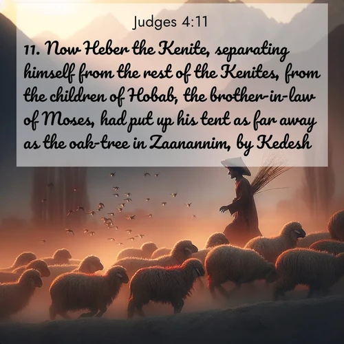 BasicEnglish Judges  ; image nature: image with the bible verse :Now Heber the Kenite, separating himself from the rest of the Kenites, from the children of Hobab, the brother-in-law of Moses, had put up his tent as far away as the oak-tree in Zaanannim, by Kedesh. ; Explore a collection of inspiring Bible verse images accompanied by winter photos, such as snowy landscapes, frosted trees, and frozen lakes. These images reflect the peace and purity of God&#039;s creation, with elegant fonts and luminous colors. Download and share verses like KJV Judges 4:11. Current verse is overlayed with the thematic nature scene : A shepherd guides his flock home. Sunset paints wool golden red. ; 4:11