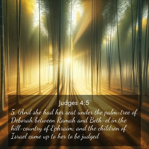 BasicEnglish Judges  ; image nature: image with the bible verse :(And she had her seat under the palm-tree of Deborah between Ramah and Beth-el in the hill-country of Ephraim; and the children of Israel came up to her to be judged.) ; Admire Bible verse images featuring tranquil rivers, golden fields, and starry heavens. These free-to-download images make inspiring wallpapers or thoughtful gifts. Download KJV Judges 4:5 now. Current verse is overlayed with the thematic nature scene : Morning mist parts to reveal a pristine bamboo grove. Golden light filters through the stems, casting striped shadows. ; 4:5