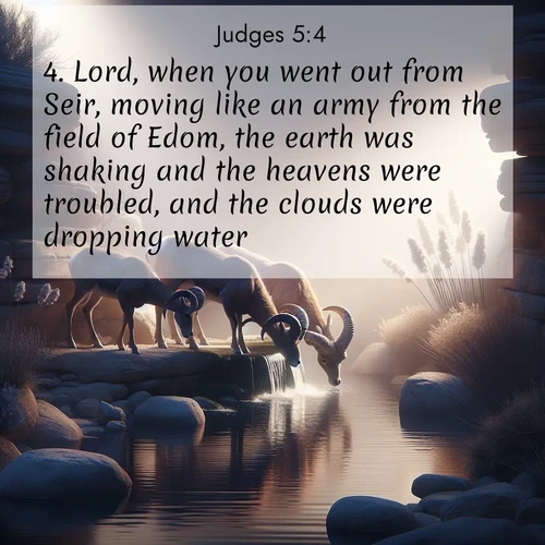 BBE Judges 5:4 overlaying nature image scene: Desert bighorns drink from hidden springs. Time flows like water through stone.;4. Lord, when you went out from Seir, moving like an army from the field of Edom, the earth was shaking and the heavens were troubled, and the clouds were dropping water.