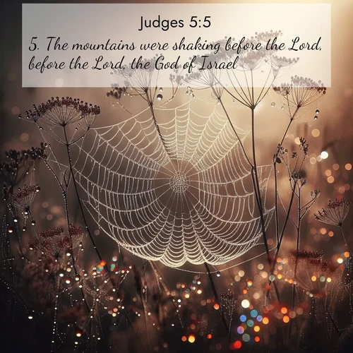 BBE Judges 5:5 overlaying nature image scene: Morning fog reveals spider galaxies. Dew drops capture rainbow light.;5. The mountains were shaking before the Lord, before the Lord, the God of Israel.