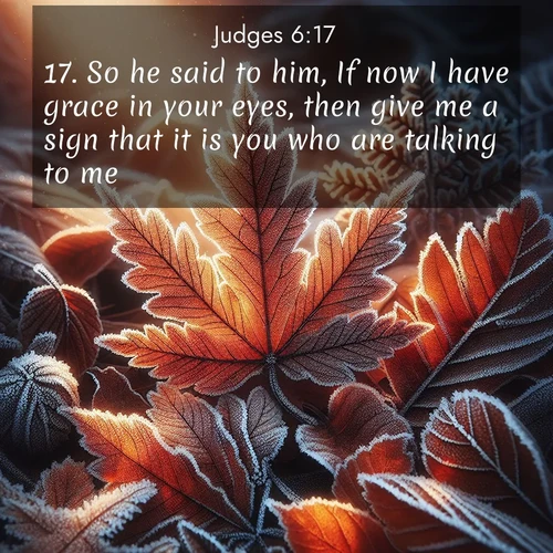 BasicEnglish Judges  ; image nature: image with the bible verse :So he said to him, If now I have grace in your eyes, then give me a sign that it is you who are talking to me. ; Admire Bible images representing autumn, with swirling leaves, misty skies, and vibrant trees. These images inspire profound spiritual reflection. Download and share verses like KJV Judges 6:17. Current verse is overlayed with the thematic nature scene : Autumn frost rims fallen leaves with crystal. ; 6:17