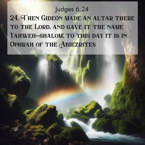 BasicEnglish Judges  ; image nature: image with the bible verse :Then Gideon made an altar there to the Lord, and gave it the name Yahweh-shalom; to this day it is in Ophrah of the Abiezrites. ; Discover beautiful Bible verse images that combine inspiring scripture with captivating nature photos. Download high-quality images featuring lush valleys, peaceful streams, and endless horizons like KJV Judges 6:24. Current verse is overlayed with the thematic nature scene : A waterfall thunders through ancient moss-covered rocks while rainbow mist rises where water meets stone. ; 6:24