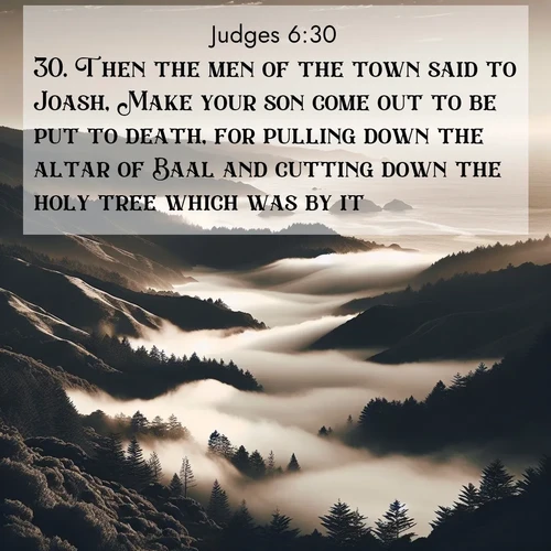 BasicEnglish Judges  ; image nature: image with the bible verse :Then the men of the town said to Joash, Make your son come out to be put to death, for pulling down the altar of Baal and cutting down the holy tree which was by it. ; Browse an inspiring gallery of Bible verse images with nature photos, such as blooming gardens, golden deserts, and shaded forests. The chosen images capture the peaceful and joyful essence of God&#039;s creation, with vibrant colors and harmonious fonts. Share verses like KJV Judges 6:30. Current verse is overlayed with the thematic nature scene : Coastal fog rolls inland through gaps in seaside hills. ; 6:30