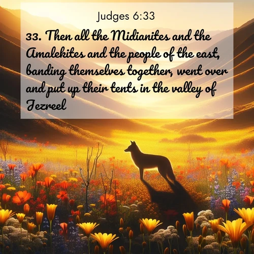 BasicEnglish Judges  ; image nature: image with the bible verse :Then all the Midianites and the Amalekites and the people of the east, banding themselves together, went over and put up their tents in the valley of Jezreel. ; Download Bible verse images paired with breathtaking nature photos like golden deserts, shimmering seas, and blossoming orchards. These high-quality, free images are perfect for wallpapers or sharing. Verses include KJV Judges 6:33. Current verse is overlayed with the thematic nature scene : Spring wildflowers carpet Death Valley in gold. A coyote&#039;s silhouette melts into the blooms. ; 6:33