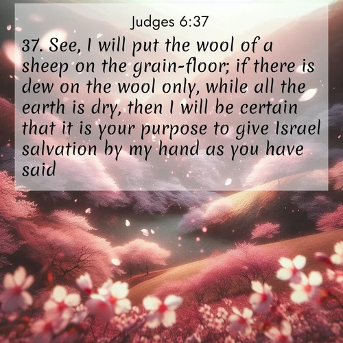 BasicEnglish Judges  ; image nature: image with the bible verse :See, I will put the wool of a sheep on the grain-floor; if there is dew on the wool only, while all the earth is dry, then I will be certain that it is your purpose to give Israel salvation by my hand as you have said. ; Browse our collection of vibrant Bible verse images set against calming backdrops like tropical shores, quiet woods, and majestic mountains. Download free wallpapers featuring KJV Judges 6:37. Current verse is overlayed with the thematic nature scene : Cherry blossoms blanket the hillside in soft pink snow, swirling through the air like nature&#039;s confetti. ; 6:37