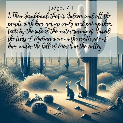 BasicEnglish Judges  ; image nature: image with the bible verse :Then Jerubbaal, that is, Gideon, and all the people with him, got up early and put up their tents by the side of the water-spring of Harod; the tents of Midian were on the north side of him, under the hill of Moreh in the valley. ; Dive into our collection of Bible verses paired with coastal scenes, featuring calming waves, infinite beaches, and reflections of the sun on the water. These images evoke the peace and beauty of God. Share verses like KJV Judges 7:1. Current verse is overlayed with the thematic nature scene : Desert jackrabbits pause in saguaro shade. Heat waves distort distant peaks. ; 7:1
