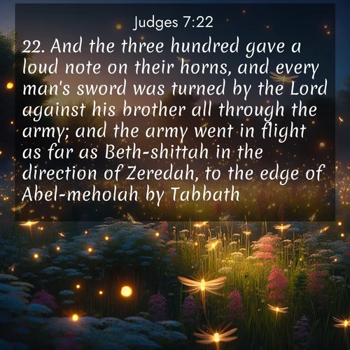 BasicEnglish Judges  ; image nature: image with the bible verse :And the three hundred gave a loud note on their horns, and every man&#039;s sword was turned by the Lord against his brother all through the army; and the army went in flight as far as Beth-shittah in the direction of Zeredah, to the edge of Abel-meholah by Tabbath. ; Discover breathtaking Bible verse images combined with vibrant landscapes like rolling hills, blooming gardens, and starry nights. Use them as wallpapers or to inspire others. Download verses like KJV Judges 7:22. Current verse is overlayed with the thematic nature scene : Fireflies dance above a spring meadow filled with singing crickets. ; 7:22