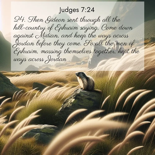 BasicEnglish Judges  ; image nature: image with the bible verse :Then Gideon sent through all the hill-country of Ephraim saying, Come down against Midian, and keep the ways across Jordan before they come. So all the men of Ephraim, massing themselves together, kept the ways across Jordan. ; Access a vast collection of Bible verse images illustrated with natural landscapes like calm rivers, blooming fields, and bright horizons. These images emphasize the serenity and splendor of God&#039;s creation, accompanied by aesthetic fonts and joyful colors. Download verses like KJV Judges 7:24 and share them. Current verse is overlayed with the thematic nature scene : Mountain meadow grasses bend in alpine wind. Marmots whistle warnings from rocky outcrops. ; 7:24