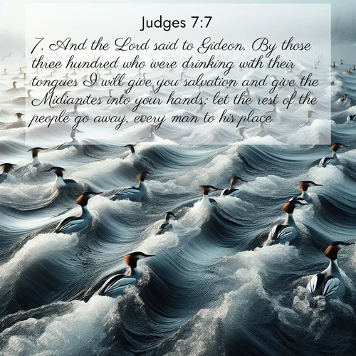 BasicEnglish Judges  ; image nature: image with the bible verse :And the Lord said to Gideon, By those three hundred who were drinking with their tongues I will give you salvation and give the Midianites into your hands; let the rest of the people go away, every man to his place. ; Dive into a gallery of Bible verses illustrated by tropical beach scenes, featuring sparkling waves, seashells, and radiant sunrises. These images evoke divine peace and joy. Download and share inspiring verses like KJV Judges 7:7. Current verse is overlayed with the thematic nature scene : Wild mergansers ride river rapids. Their wakes create endless patterns. ; 7:7