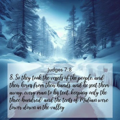 BasicEnglish Judges  ; image nature: image with the bible verse :So they took the vessels of the people, and their horns from their hands, and he sent them away, every man to his tent, keeping only the three hundred; and the tents of Midian were lower down in the valley. ; Download stunning Bible verse images paired with nature scenes like rolling clouds, sparkling waters, and vibrant flower fields. These free images are perfect for spiritual reflection or wallpaper use. Share KJV Judges 7:8. Current verse is overlayed with the thematic nature scene : A mountain stream disappears beneath winter ice. Its song continues in hidden chambers. ; 7:8