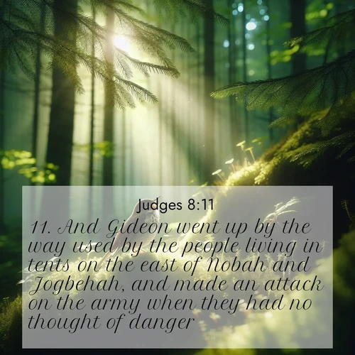 BBE Judges 8:11 overlaying nature image scene: A hermit thrush sings from deep woods. Sunlight filters through green canopy.;11. And Gideon went up by the way used by the people living in tents on the east of Nobah and Jogbehah, and made an attack on the army when they had no thought of danger.