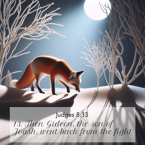 BBE Judges 8:13 overlaying nature image scene: A red fox hunts through pristine snow. Moon shadows dance between bare trees.;13. Then Gideon, the son of Joash, went back from the fight: