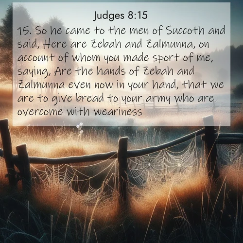 BBE Judges 8:15 overlaying nature image scene: Morning frost coats spider webs stretched between fence posts in a country meadow.;15. So he came to the men of Succoth and said, Here are Zebah and Zalmunna, on account of whom you made sport of me, saying, Are the hands of Zebah and Zalmunna even now in your hand, that we are to give bread to your army who are overcome with weariness?