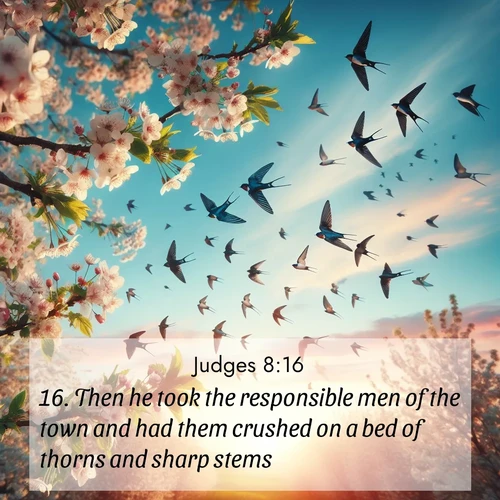 BBE Judges 8:16 overlaying nature image scene: Spring migration fills the sky with countless swallows.;16. Then he took the responsible men of the town and had them crushed on a bed of thorns and sharp stems.