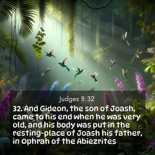 BBE Judges 8:32 overlaying nature image scene: Wild orchids bloom in a rainforest canopy. Hummingbirds dart between the delicate flowers.;32. And Gideon, the son of Joash, came to his end when he was very old, and his body was put in the resting-place of Joash his father, in Ophrah of the Abiezrites.
