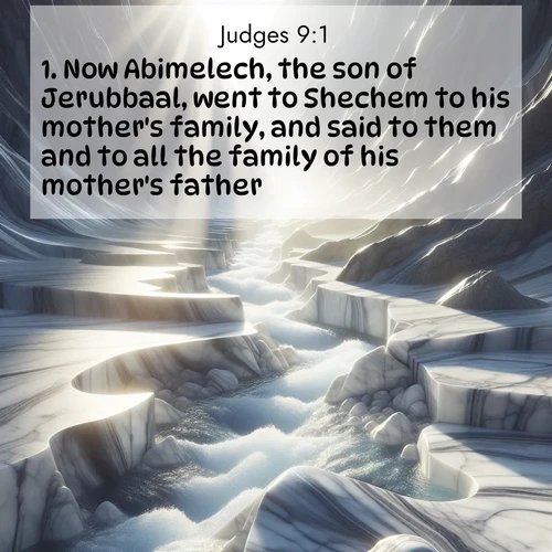 BBE Judges 9:1 overlaying nature image scene: Mountain streams carve marble smooth. Sunlight dances on clear pools.;1. Now Abimelech, the son of Jerubbaal, went to Shechem to his mother's family, and said to them and to all the family of his mother's father,