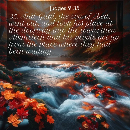 BBE Judges 9:35 overlaying nature image scene: Autumn leaves swirl in eddies along a mountain stream.;35. And Gaal, the son of Ebed, went out, and took his place at the doorway into the town; then Abimelech and his people got up from the place where they had been waiting.