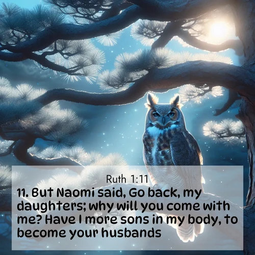 BBE Ruth 1:11 overlaying nature image scene: A great horned owl watches from ancient pine branches. Moonlight silvers its silent wings.;11. But Naomi said, Go back, my daughters; why will you come with me? Have I more sons in my body, to become your husbands?