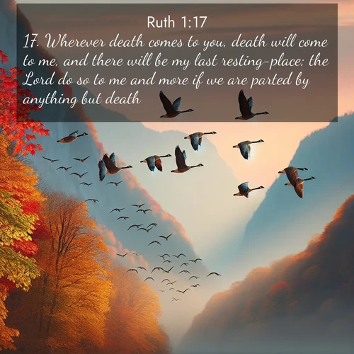 BasicEnglish Ruth  ; image nature: image with the bible verse :Wherever death comes to you, death will come to me, and there will be my last resting-place; the Lord do so to me and more if we are parted by anything but death. ; Explore a collection of free Bible verse images paired with serene landscapes like golden beaches, verdant forests, and clear blue skies. Each image is ideal for desktop or phone wallpapers. Share verses like KJV Ruth 1:17. Current verse is overlayed with the thematic nature scene : Wild geese arrow through autumn skies. Their calls echo off mountain walls. ; 1:17