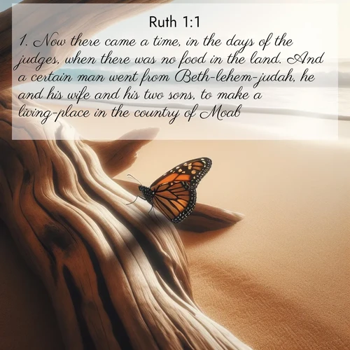 BBE Ruth 1:1 overlaying nature image scene: A single monarch butterfly alights on a sun-bleached driftwood log. Waves crash endlessly on the empty beach beyond.;1. Now there came a time, in the days of the judges, when there was no food in the land. And a certain man went from Beth-lehem-judah, he and his wife and his two sons, to make a living-place in the country of Moab.
