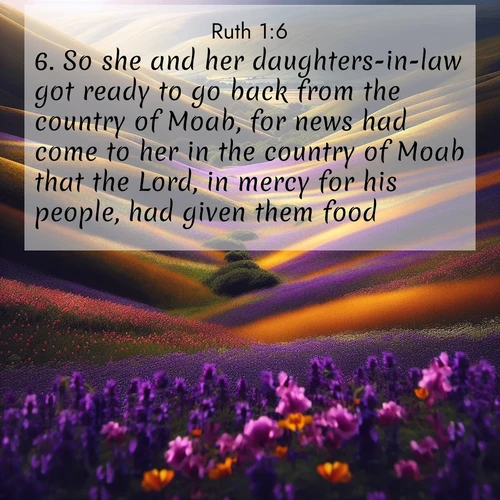 BasicEnglish Ruth  ; image nature: image with the bible verse :So she and her daughters-in-law got ready to go back from the country of Moab, for news had come to her in the country of Moab that the Lord, in mercy for his people, had given them food. ; Explore winter-themed Bible verse images illustrated by snowy mountains, frost-covered branches, and clear skies. These landscapes reflect divine purity and peace. Download verses like KJV Ruth 1:6. Current verse is overlayed with the thematic nature scene : Spring wildflowers carpet rolling hills in purple and gold. ; 1:6
