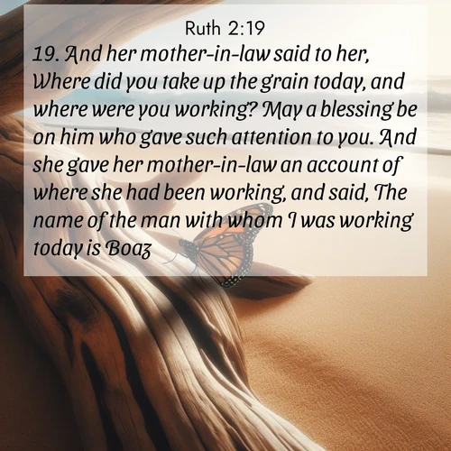BasicEnglish Ruth  ; image nature: image with the bible verse :And her mother-in-law said to her, Where did you take up the grain today, and where were you working? May a blessing be on him who gave such attention to you. And she gave her mother-in-law an account of where she had been working, and said, The name of the man with whom I was working today is Boaz. ; Explore a stunning collection of Bible verse images featuring picturesque scenery like sun-drenched meadows, tranquil lakes, and majestic forests. All images are free to download and share. Verses include KJV Ruth 2:19. Current verse is overlayed with the thematic nature scene : A single monarch butterfly alights on a sun-bleached driftwood log. Waves crash endlessly on the empty beach beyond. ; 2:19