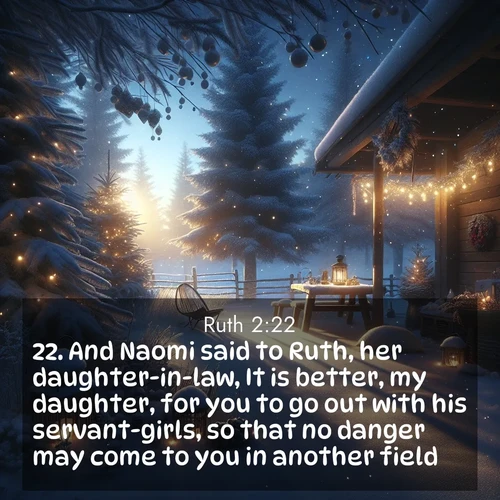 BasicEnglish Ruth  ; image nature: image with the bible verse :And Naomi said to Ruth, her daughter-in-law, It is better, my daughter, for you to go out with his servant-girls, so that no danger may come to you in another field. ; Browse beautiful Bible verse images accompanied by peaceful scenes like calm seas, ancient forests, and radiant horizons. Download high-quality, free images featuring verses such as KJV Ruth 2:22. Current verse is overlayed with the thematic nature scene : Winter silence falls with evening snow. ; 2:22