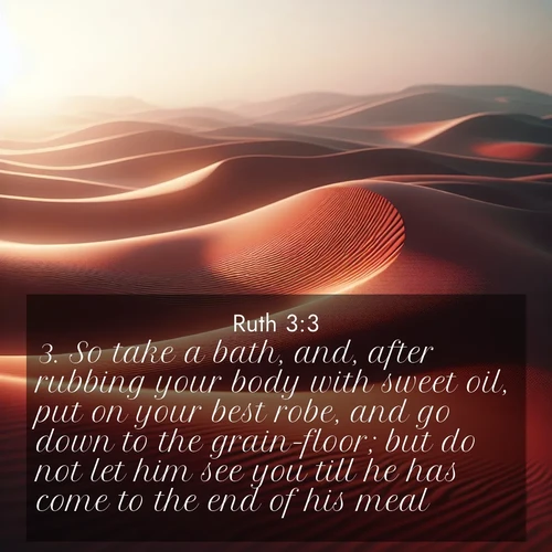BBE Ruth 3:3 overlaying nature image scene: Desert wind sculpts abstract patterns in red sand.;3. So take a bath, and, after rubbing your body with sweet oil, put on your best robe, and go down to the grain-floor; but do not let him see you till he has come to the end of his meal.