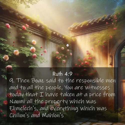 BasicEnglish Ruth  ; image nature: image with the bible verse :Then Boaz said to the responsible men and to all the people, You are witnesses today that I have taken at a price from Naomi all the property which was Elimelech&#039;s, and everything which was Chilion&#039;s and Mahlon&#039;s. ; Download Bible verse images paired with breathtaking nature photos like golden deserts, shimmering seas, and blossoming orchards. These high-quality, free images are perfect for wallpapers or sharing. Verses include KJV Ruth 4:9. Current verse is overlayed with the thematic nature scene : Wild roses climb abandoned walls. Time stands still in secret gardens. ; 4:9
