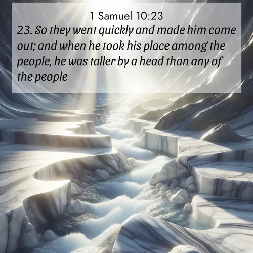 BasicEnglish 1 Samuel  ; image nature: image with the bible verse :So they went quickly and made him come out; and when he took his place among the people, he was taller by a head than any of the people. ; Discover Bible verses beautifully integrated with natural scenes of varied seasons, featuring summer skies, winter snow, autumn leaves, and spring blooms. Each image captures the splendor and peace of God&#039;s creation. Share verses like KJV 1 Samuel 10:23. Current verse is overlayed with the thematic nature scene : Mountain streams carve marble smooth. Sunlight dances on clear pools. ; 10:23