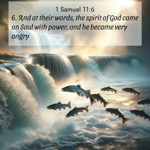 BBE 1 Samuel 11:6 overlaying nature image scene: Wild salmon leap ancient waterfalls. Mist rises like spirits in morning light.;6. And at their words, the spirit of God came on Saul with power, and he became very angry.