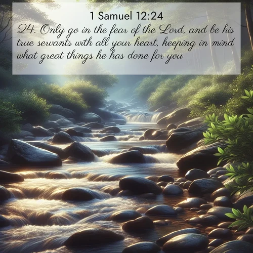 BasicEnglish 1 Samuel  ; image nature: image with the bible verse :Only go in the fear of the Lord, and be his true servants with all your heart, keeping in mind what great things he has done for you. ; Discover breathtaking Bible verse images combined with vibrant landscapes like rolling hills, blooming gardens, and starry nights. Use them as wallpapers or to inspire others. Download verses like KJV 1 Samuel 12:24. Current verse is overlayed with the thematic nature scene : A mountain stream tumbles over smooth rocks between banks of mountain laurel. ; 12:24