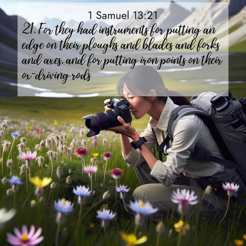 BBE 1 Samuel 13:21 overlaying nature image scene: A naturalist photographs rare blooms. Alpine winds toss wildflower meadows.;21. For they had instruments for putting an edge on their ploughs and blades and forks and axes, and for putting iron points on their ox-driving rods.
