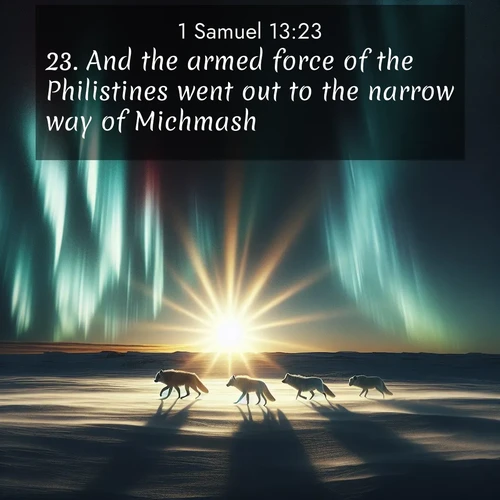 BBE 1 Samuel 13:23 overlaying nature image scene: Arctic wolves traverse windswept tundra. Northern lights paint their fur in shifting colors.;23. And the armed force of the Philistines went out to the narrow way of Michmash.
